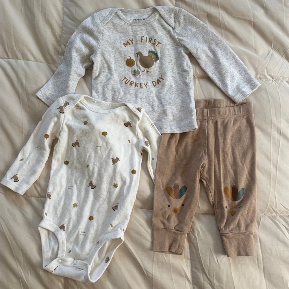 Carter's Festive My First Turkey Day Thanksgiving Outfit Set Onesie Pants Brown